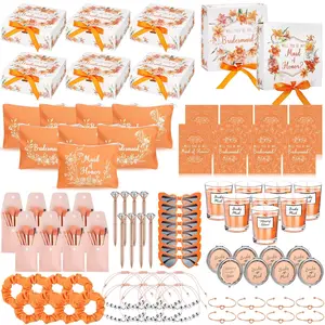 88 count 8 Sets Bridesmaid Proposal  Wedding Bridesmaid Box Set Maid of   Include Box Candle Invited Cards Scrunchies Hair Elastics Ties Knotted Bracelets  Pens(Orange,Pretty)