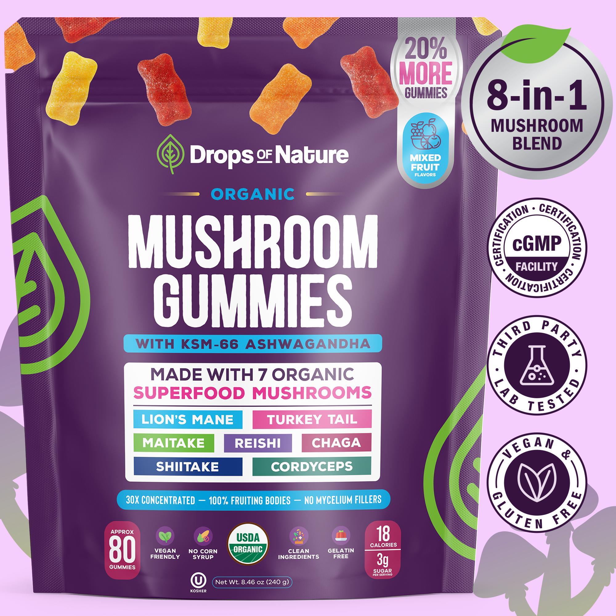 [OFFICIAL STORE] Drops Of Nature Mushroom Gummies Ashwagandha KSM-66, Lion's Mane, Shiitake, Turkey Tail, Reishi, Maita