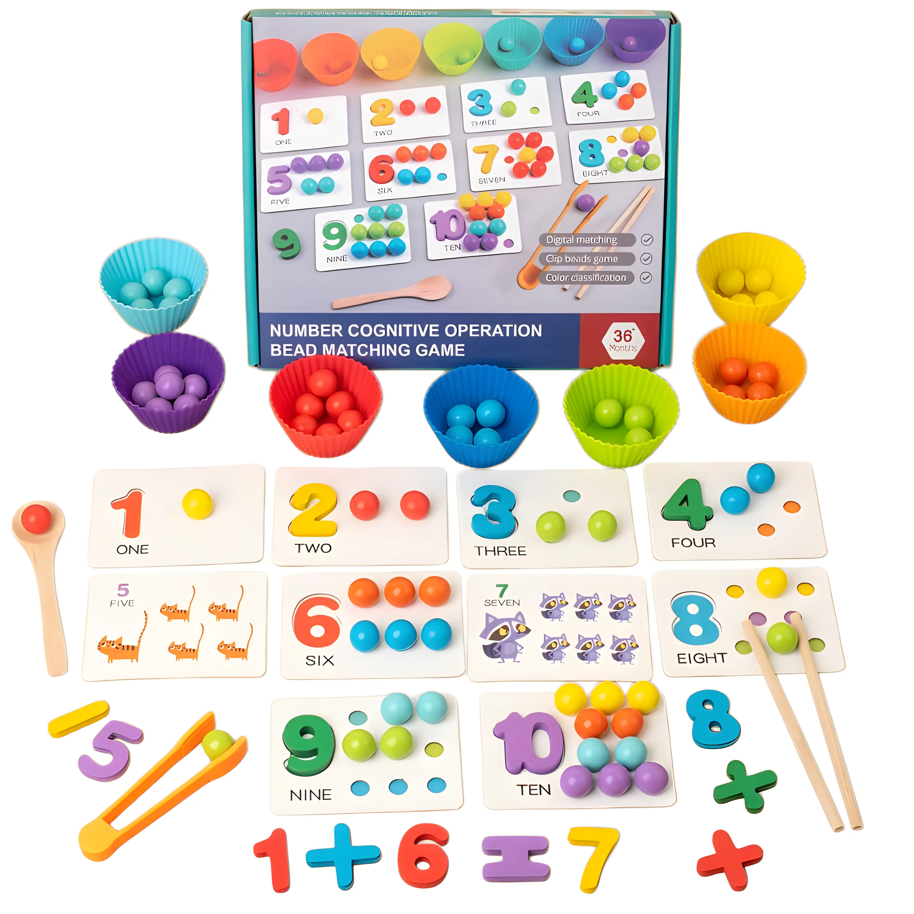 Wooden abacus toy, Montessori Math Toy Set, Educational Learning Tools, Fine Motor Skills, Color Recognition, Focus Training, Arithmetic Learning, Silicone Digital Beads Game, Chopsticks & Spoons, Kindergarten Educational Toy, Kids Ages 3+,Summervibes