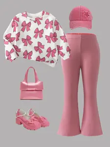 Girls' Long-sleeved Set with Bow Design Soft Breathable Fabric Comfortable Everyday Wear Ideal for Special Events and Casual Playwear Cozy Home Tracksuit