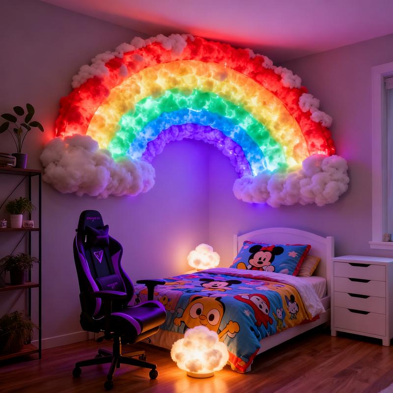 Rainbow Cloud Wall Light, Fluffy 3D Hanging Cloud Decoration, Warm Glow, Bedroom Aesthetic, Living Room Art Lighting, Atmosphere Light