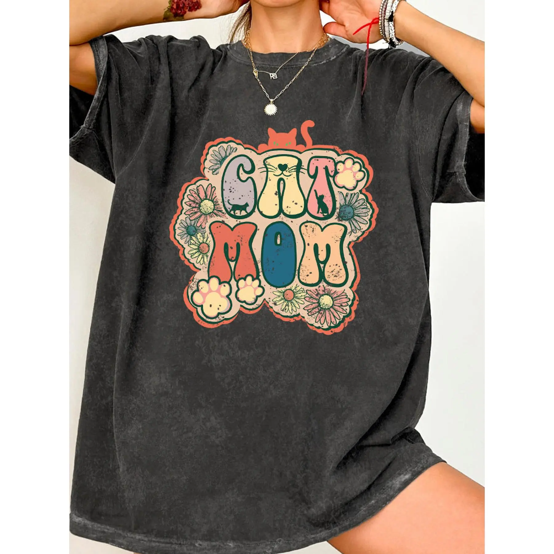 Women's Cotton Light Statement Batik T-Shirt - Washed Vintage-Style Printed, High-Quality, Unisex Casual Streetwear, Ideal for Daily Wear, Holiday Gift