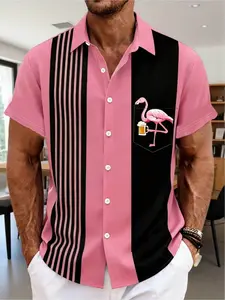 Hawaiian Tropical Stripe Flamingo Print Men's Casual Button Up Short-Sleeve Striped Vacation Shirt