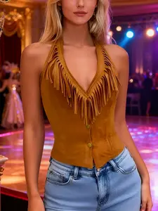 Women's American Style Vintage Fringe V-Neck Halter Sleeveless Short Top, Denim Wind Backless Design, Elegant & Trendy Fashion for Daily Wear Womenswear