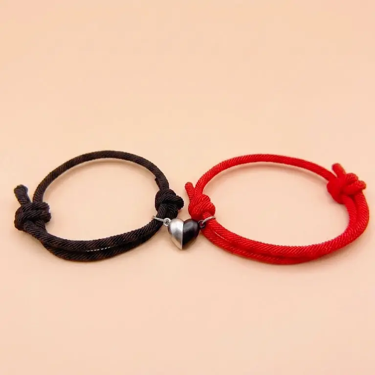 Unisex Magnetic Split-Heart Rope Braided Bracelet Set with High-Grade Magnetic Alloy Charms, Fully Adjustable Sliding Knots, Sentimental Boyfriend Gifts for Anniversary/Birthday, Gift-Ready Long-Distance Couple Jewelry