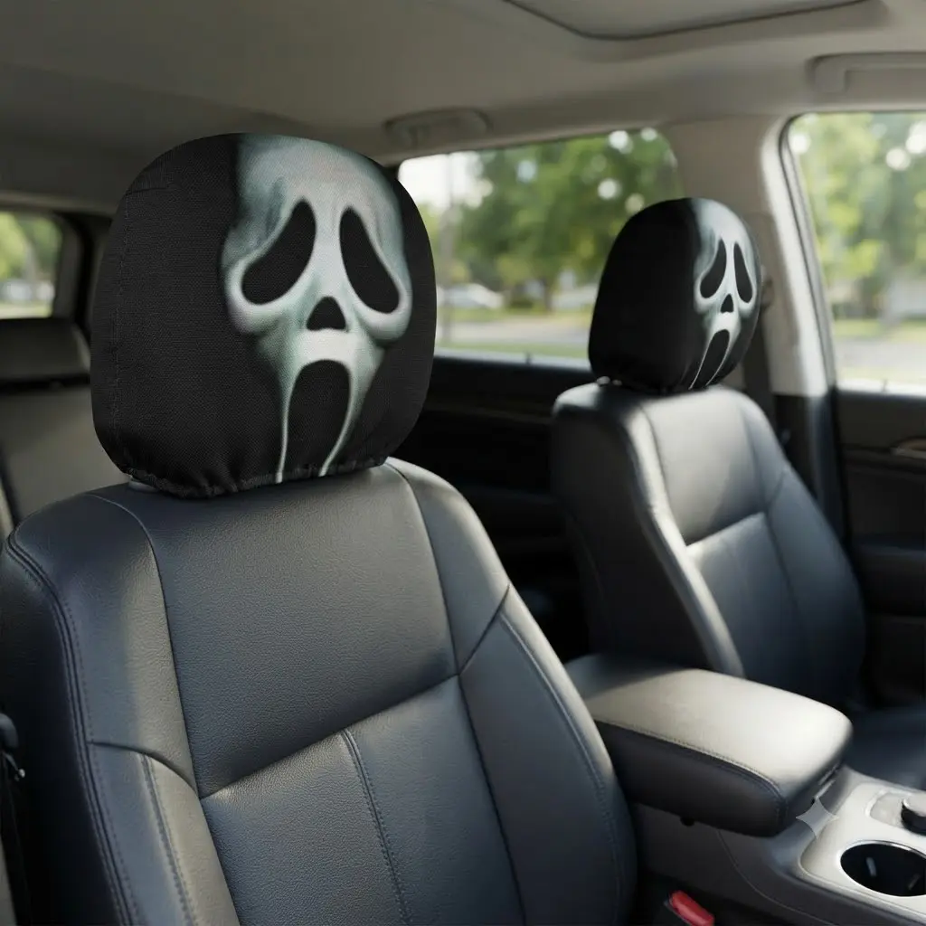 Halloween Double-Sided Ghostface Mask Car Headrest Cover