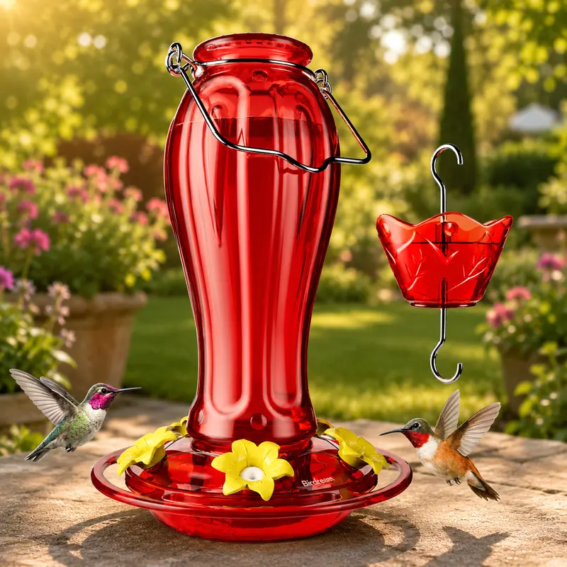 Birdream Red Glass and Plastic Hummingbird Feeder for Outdoors - 18oz Hanging Bird Feeder with 5 Feeding Ports, Built-in Ant-Proof Moat, Bee-Proof, Ideal for Garden, Patio, Gift for Mom