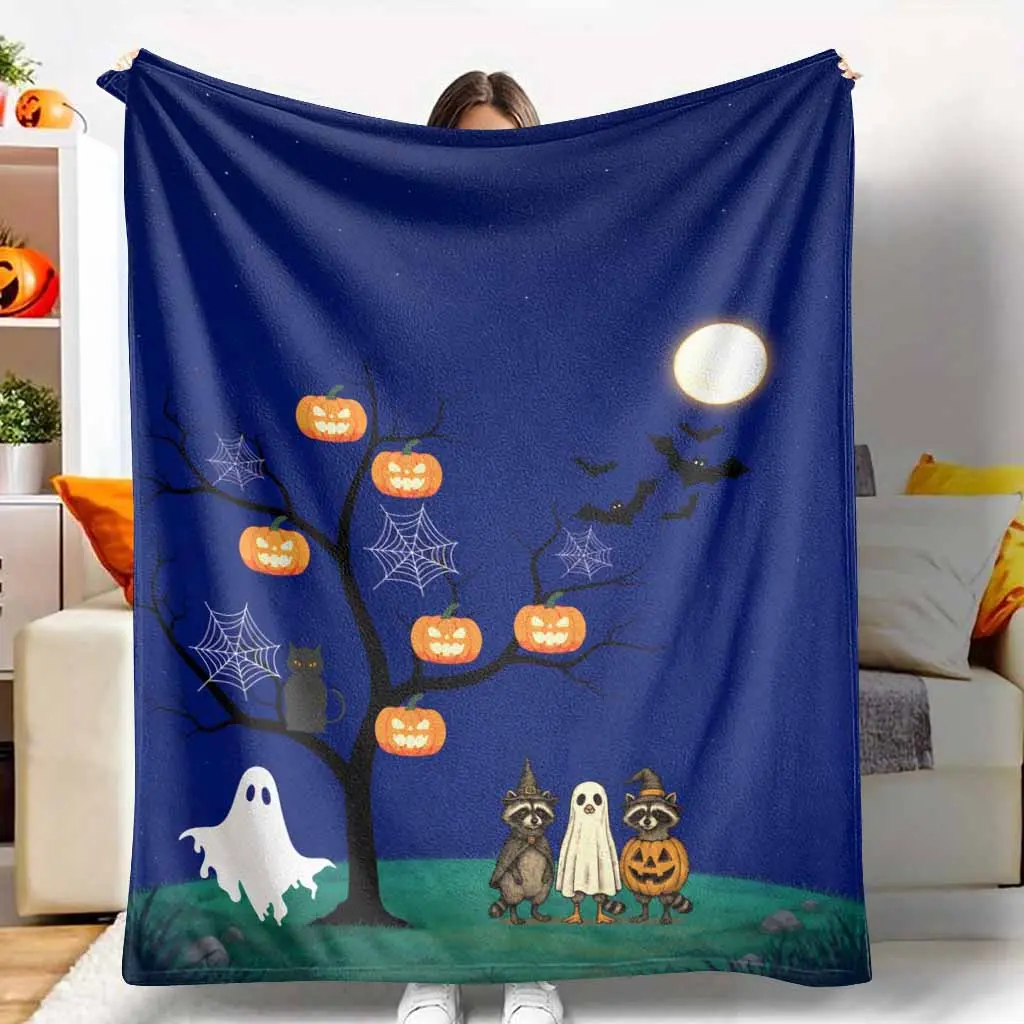 Halloween Aesthetic Pumpkin Tree Flannel Blanket, Spooky Jack-O'-Lantern Pattern, Ultra-Soft Lightweight Warm Fuzzy Texture, Ideal for Autumn Couch Throw & Holiday Bedding