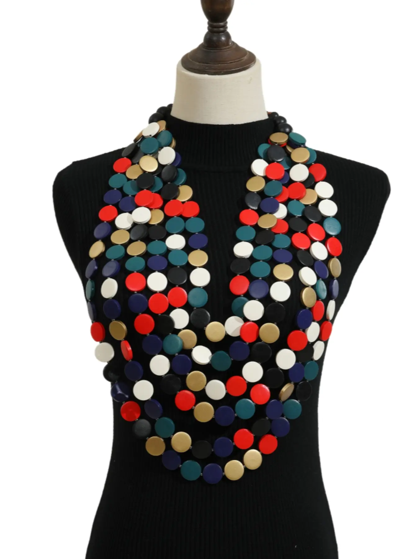 Bohemian 6 Layer Round Wooden Bead Necklace Set, Layered Necklaces, Casual Style, Boho Style Beaded, Colorblock Design, Metal Chain, All Seasons Jewelry, Necklace Layering Clasp, Trendy Jewelry, Colorblock Beaded Necklace