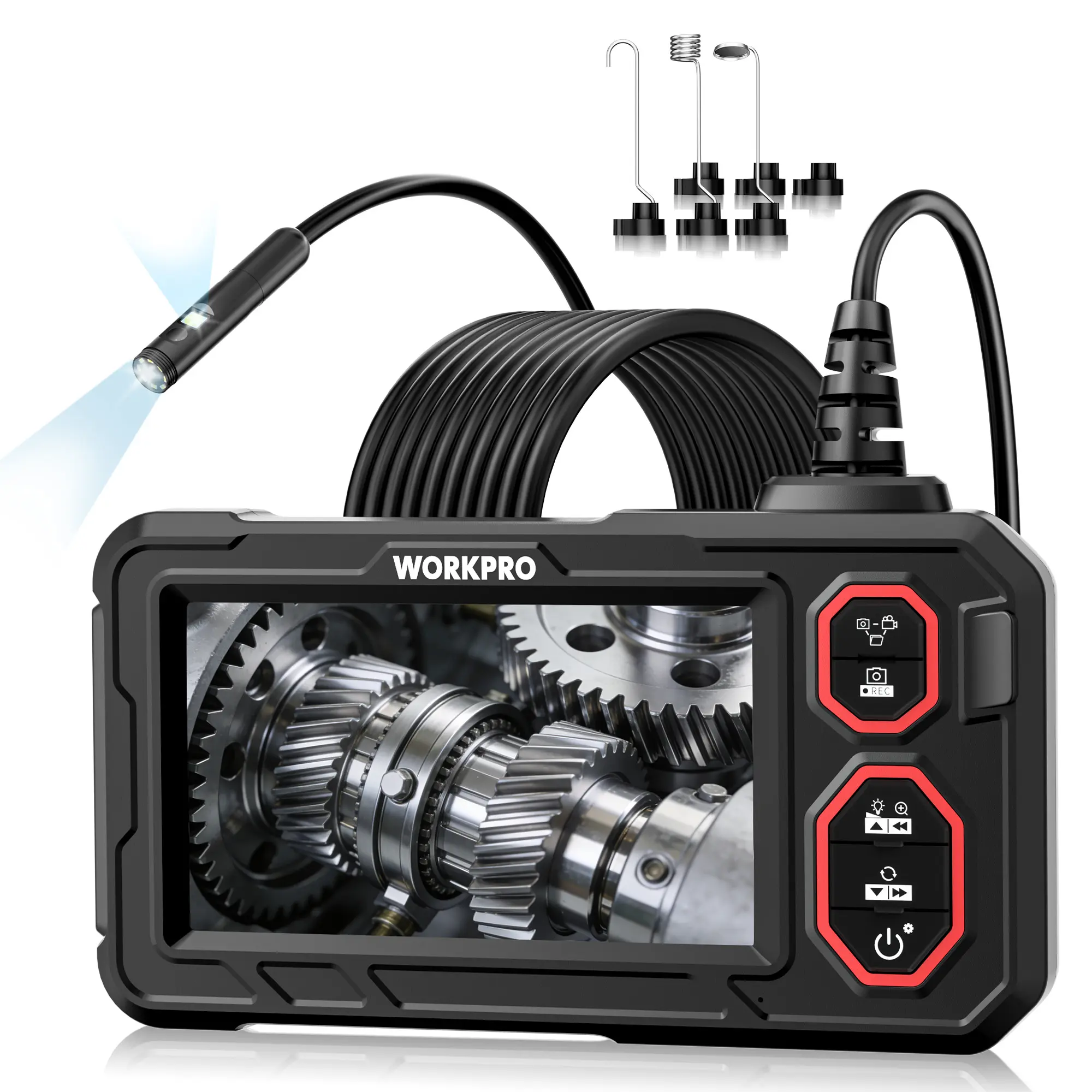 WORKPRO 4.3" Endoscope Camera with Light, 1920P HD Dual Lens Borescope, 16.4FT Semi-Rigid Snake Camera, IPS Screen, 9 LEDs, IP67 Waterproof, Inspection Scope with 32GB Card