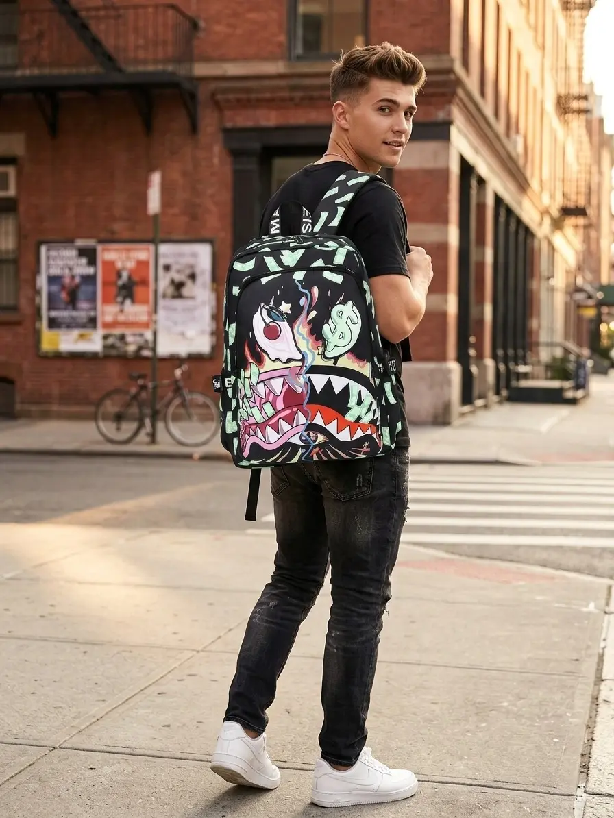 Leisure men's backpack Trendy backpacks cool large capacity bags travel rucksack fashionable checkered shark bag Shark Teens Backpacks Fashion Schoolbag Casual Waterproof Travel USB Laptop Backpack
