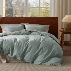 3 Pieces Linen Soft & Cozy Duvet Cover King Size Light Green Linen Cotton Blend Bedding Set Fresh Light Green Color Cooling Bedding