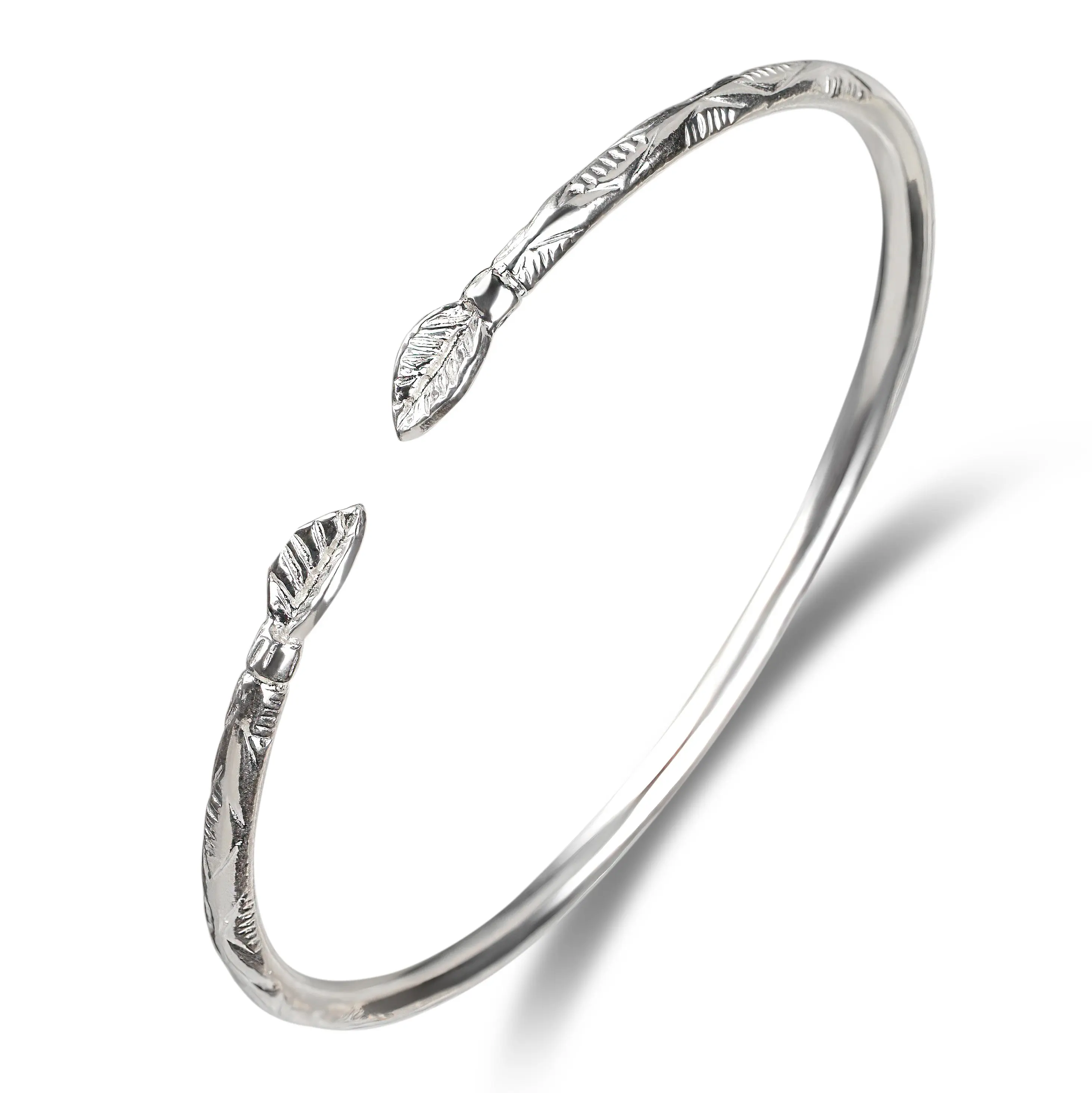 BETTER JEWELRY West Indian Bangle for Women, Hand-Carved Leaf Designs in Solid .925 Sterling Silver, Expandable Cuff, Carved And Chiseled, Jagged Lines