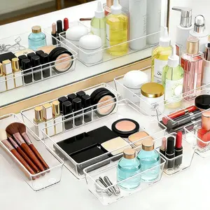 Clear Drawer Organizer Set 8 or 25 Pack Stackable Storage Trays in 4 Mixed Sizes with Non-Slip Dotted Base for Makeup, Vanity, Bathroom, Kitchen, Office Desk, Jewelry, Utensils, Cosmetics and Small Accessories for Home Storage Use