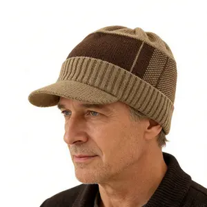 Men's Knitted Sport Beanie | Khaki Embroidered Logo Plush Lined Warm Winter Hat