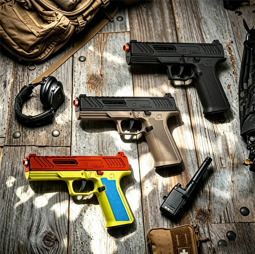 Plastic model toy gun with a bright orange muzzle; safe and harmless; capable of automatic fire; comes with 100 rounds and 12 eggshells