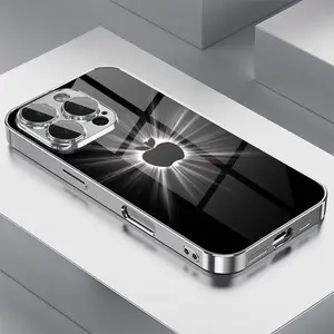 Black Apple Shiny High-End Pattern Electroplated Glass Phone Case with Lens Protection Compatible with iPhone 11 12 13 14 15 16 Pro Max Plus, And Samsung S25 S24 S23 Ultra FE. Full Coverage Anti-drop Tempered Glass Protective Case