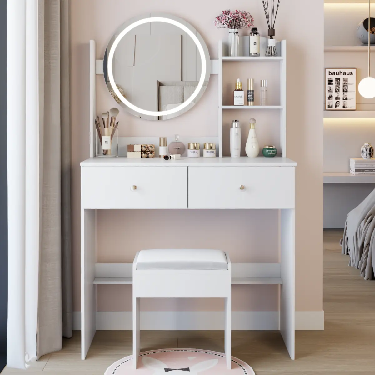 [Bellemave] 17" Round LED Mirror Vanity Table + Soft Cushion Stool Suit, Large Mirror, Touch Switch, 3 Colors Light, Adjustable Brightness, Large Desktop, Multi-layer High Capacity Storage