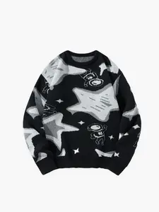 Women's Space Astronaut & Star Print Crew Neck Knit Sweater Casual Oversized Pullover for Fall/Winter Daily Wear & Trendy Outfits Fashion Knitwear Tops Womenswear Crewneck Black Long Sleeve fall sweaters FallFreshness