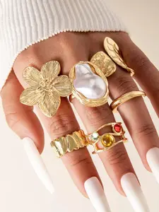 Mother's Day Gift Elegant Floral Imitation Pearl Ring Set, Zinc Alloy Wide Band Women's Rings, Statement Multi Ring, All-Season Jewelry Gift for Parties & Birthdays