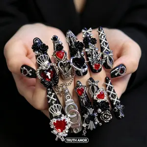 10PCS TRUTH AMOR Handmade Press On Nails, Black Almond with 3D Red Black Heart Rose Crown Handcuff Cross Chain Rhinestone Charms, Reusable For Daily Dating Party Makeup, Gothic Sweet Dark Style, Press On Nails, Fake Acrylic Nail Tips