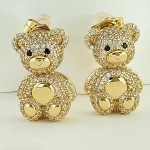 Bear Stud Earrings Gold Plated with Sparkling Rhinestones for Women's Fashion Jewelry