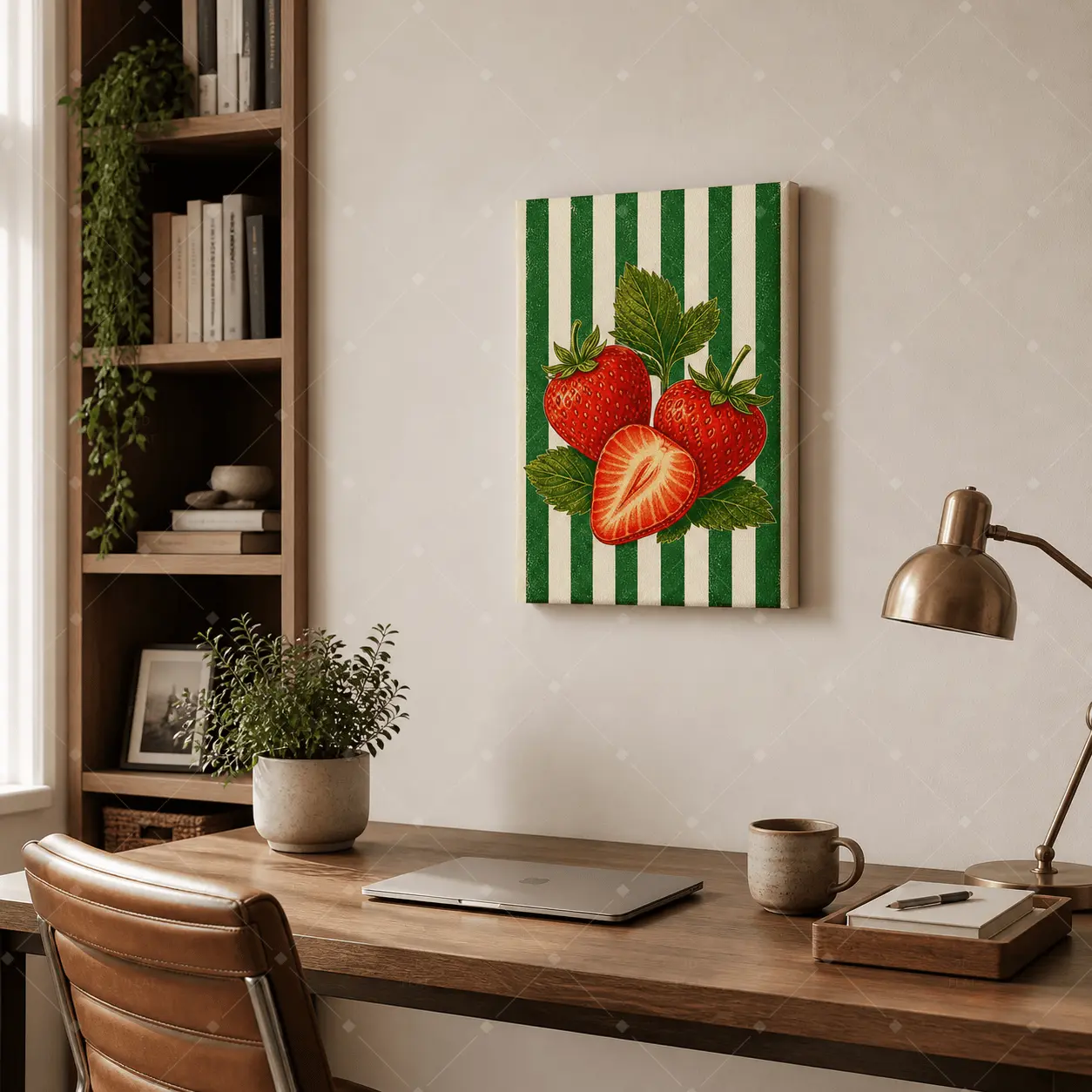 Vintage Strawberry Canvas Wall Art, Retro Fruit Kitchen Print, Green Stripe Botanical Poster for Kitchen Dining Room Breakfast Nook Cafe Pantry, Available as Unframed Canvas Poster or Framed Canvas Wrap
