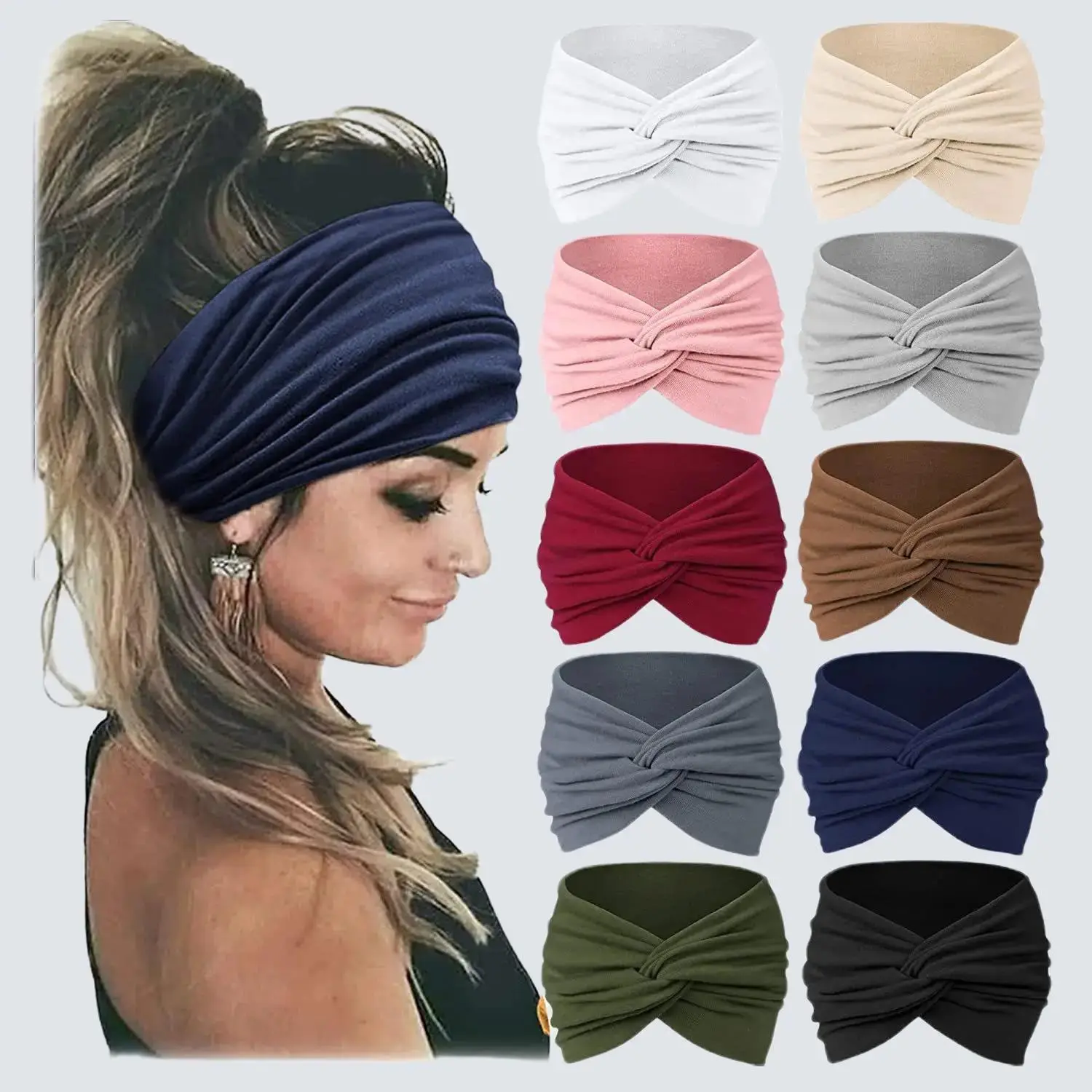 Women's 10-Pcs African Stretch Synthetic Headbands - 5.1in Wide, 9.2in Long, Stretchy to 13in, Cross-Knotted Non-Slip Turban Wraps, Brown/Blue Curated Colors, Soft Polyester, Moisture Wicking, Giftable for Casual Use, Christmas Party Gifts