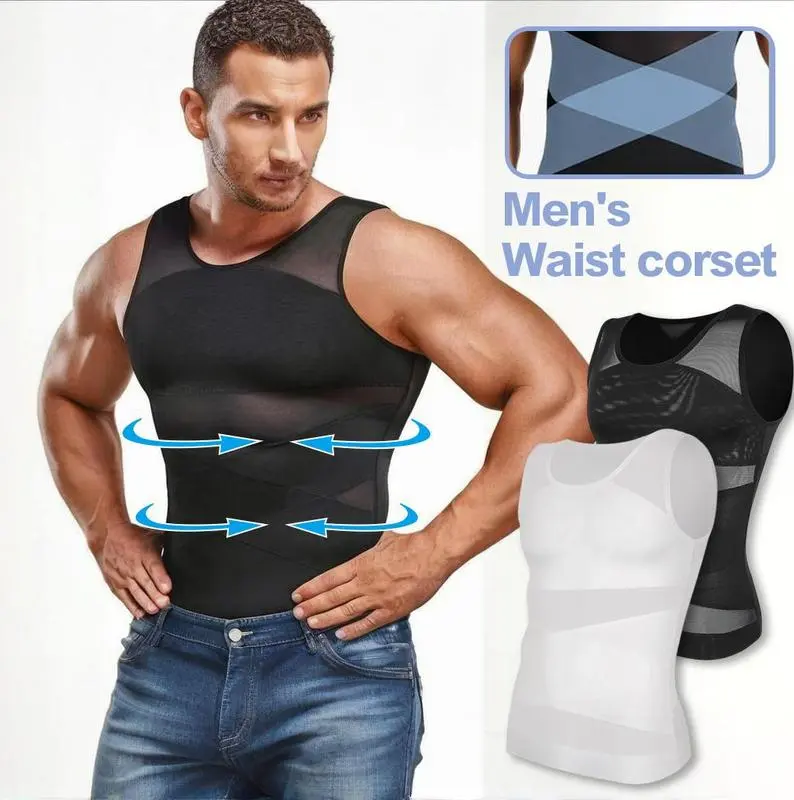 Men's Fitted Compression Vest Waist Trainer - 1/2/3 Multiple Packs, Tummy Control Shapewear Underwear, Breathable Mesh Elastane Stretchable Undershirt, Crew Neck Sport Top for Gym Fitness, All Seasons Daily Wear, 1/2/3 Pack, Standard Sizes