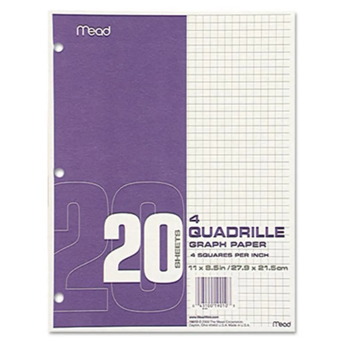 Mead Quadrille Graph Paper - 20 lb, 4 Squares per Inch, 8.5x11 (11x8.5in) White Side Bound Paper for Math & Home Renovation Projects, 20 Sheets, Compatible with 3-Hole Punch & 3-Ring Binders