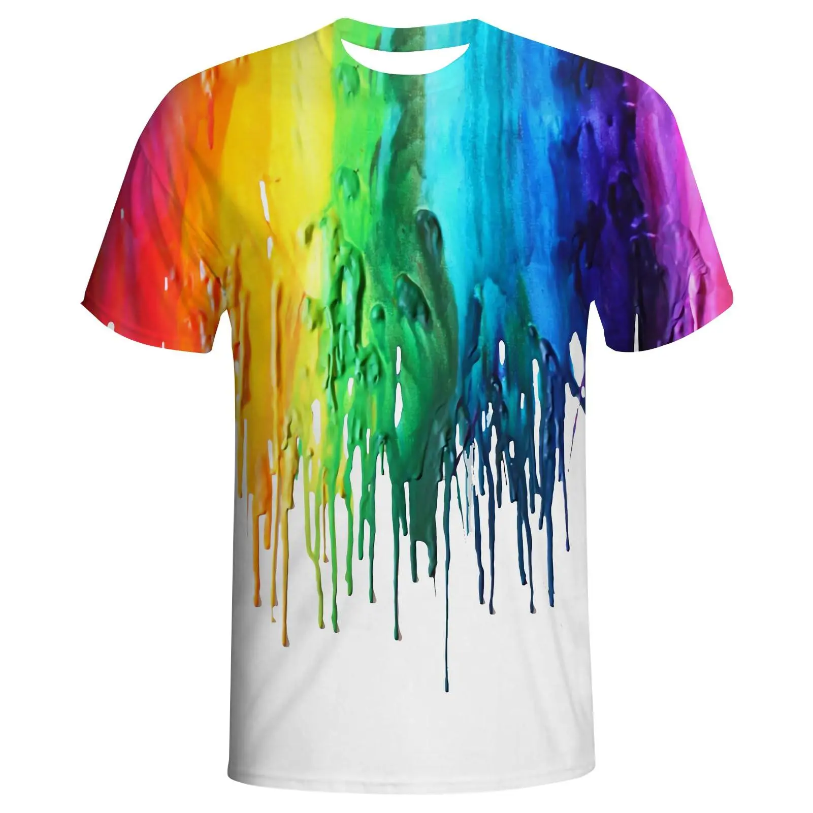 Women's Rainbow Paint Drip Printed Short-Sleeve Tee - Full Body Graphic Casual Streetwear Tshirt with Soft Breathable Fabric, Relaxed Cut, Round Neck, Soft Fabric, Rainbow Drip, All Over Print, Shortsleeve, Top, Loose-Fitting, Multicolor