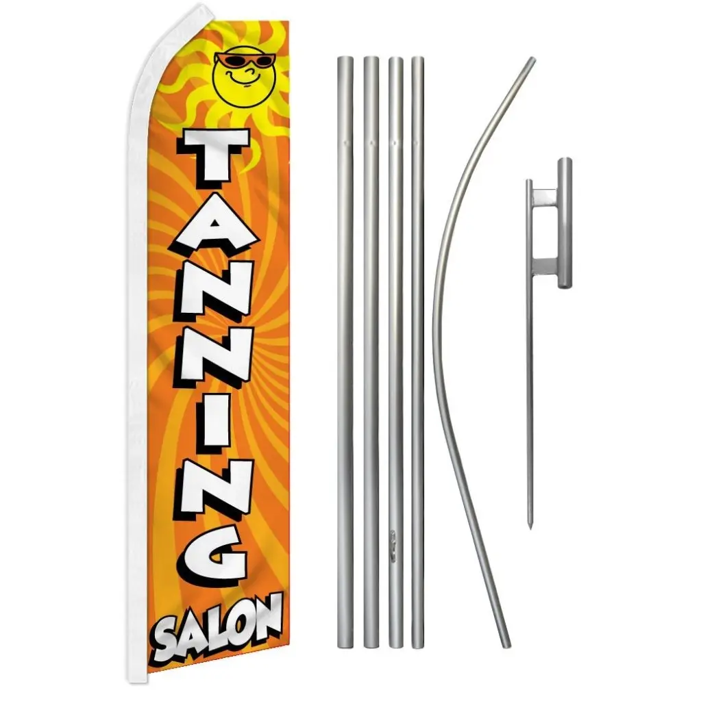 Tanning Salon Super Flag & Pole Set - Aluminum-Steel Pole, Polyester Banner, Wind-Resistant Outdoor Backdrop with Unique Print for Home & Party Decor, 11.5Ft x 2.5Ft