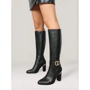 Women's Metal Buckle Pointed Toe High Heel Long Boots, Vintage Fashion Chunky Sole Knee-High Booties for Fall & Winter