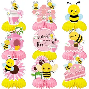 9Pcs Sweet As Can Bee Honeycomb Centerpieces Set, Pink & Yellow Bee Theme Party Decorations, Honey Bee Table Toppers For Baby Shower, 1st Birthday Party, Gender Reveal Supplies, Party Event Props, Party Supply, Home Party Decorations