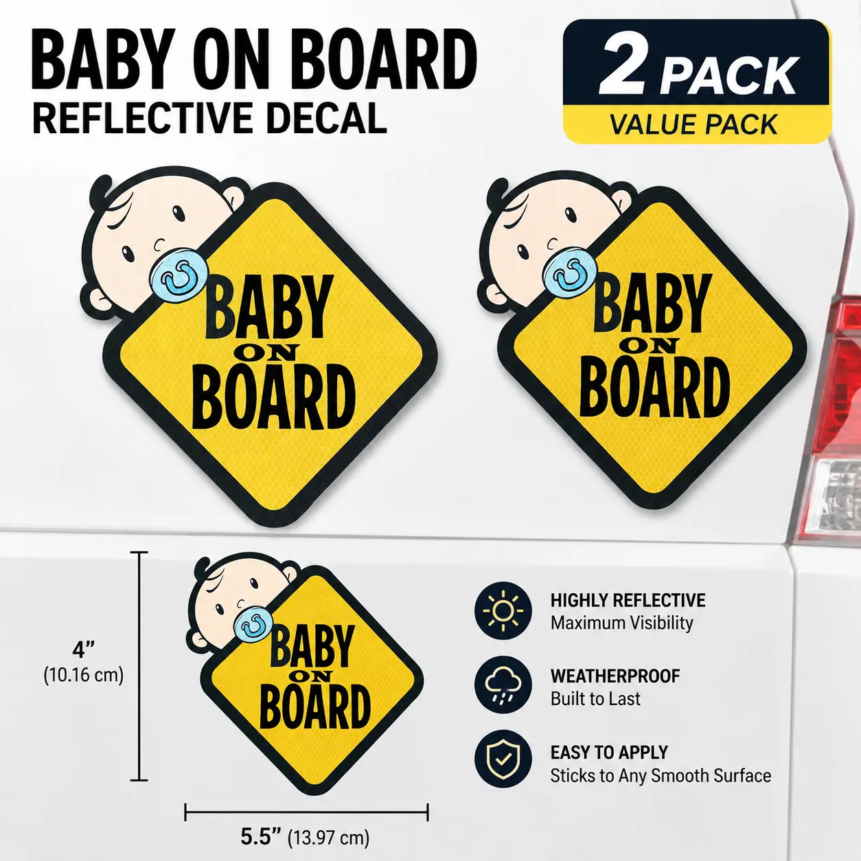 Waterproof Baby On Board Car Sticker Deco 2-Pack - UV-Resistant Reflective Vinyl, Peel-and-Stick Safety Alert for Car Rear Window, Suitable for Apartments, No Square Design for Grandparents
