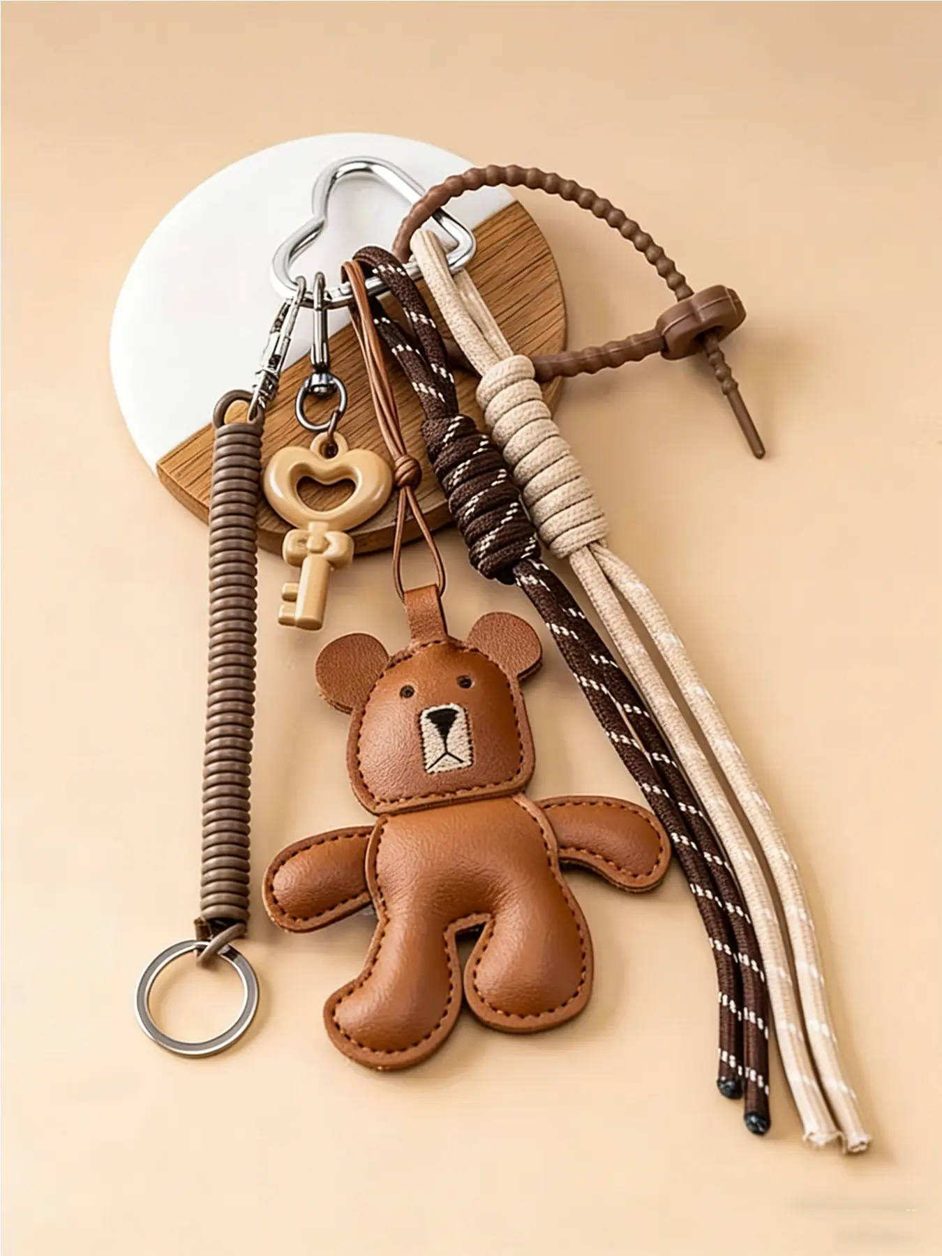 Brown Pu Teddy Bear Pendant, Vintage Gentle Style, Decorated With A Heart-Shaped Key, Woven Hanging Strap, Can Be Used As A Keychain Or Bag Charm, Keychain For Bags, Key Chain Cute, Suitable For Daily Outfits Of Commuting Girls.