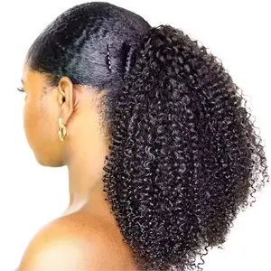 Megeen Hair Kinky Curly Ponytail 10-24 Inch Mongolian Kinky Curly Human Hair Extensions Afro Ponytail Clip in Drawstring Easy to Wear for Quick Hair Style Change