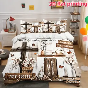 2D Flat 3Pcs Christian Religious Theme Decorative Duvet Cover, Inspiring Faith-Based Bedroom Bedding with Cross and Scripture Design, Soft Microfiber for Spiritual Home Decor - 1 + 2 Pillowcases (No Filling)
