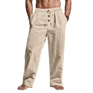 Men's Solid Button Design Linen Pants, Casual Comfy Breathable Trousers for Beach Vacation Holiday, Men's Bottoms for Summer