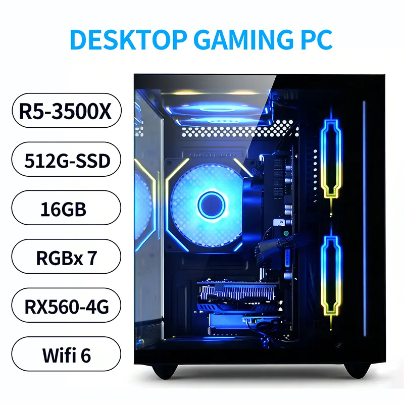 Suevery Prebuilt Gaming PC Desktop Tower - High Performance AMD R5 3500X, 16GB RAM, 512GB SSD, RX560 Graphics, RGB, WiFi 6, HDMI/DP, for Work & Gaming