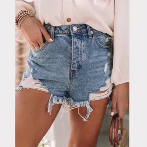 Blue Light Wash Distressed High Waisted Denim Shorts