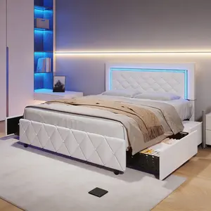 Twin Full Queen Bed Frame LED Strip Diamond Tufted 2-4 Drawers No Box Spring Multi Colors