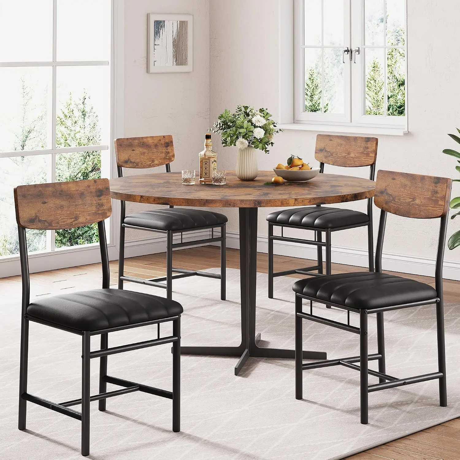 Jocoevol Industrial Dining Chairs Set of 4 - Upholstered Dining Room Chairs with PU Leather, Kitchen Chairs with Wooden Backrest and Thickened Metal Legs, for Dining Room, Living Room（Rustic Brown）