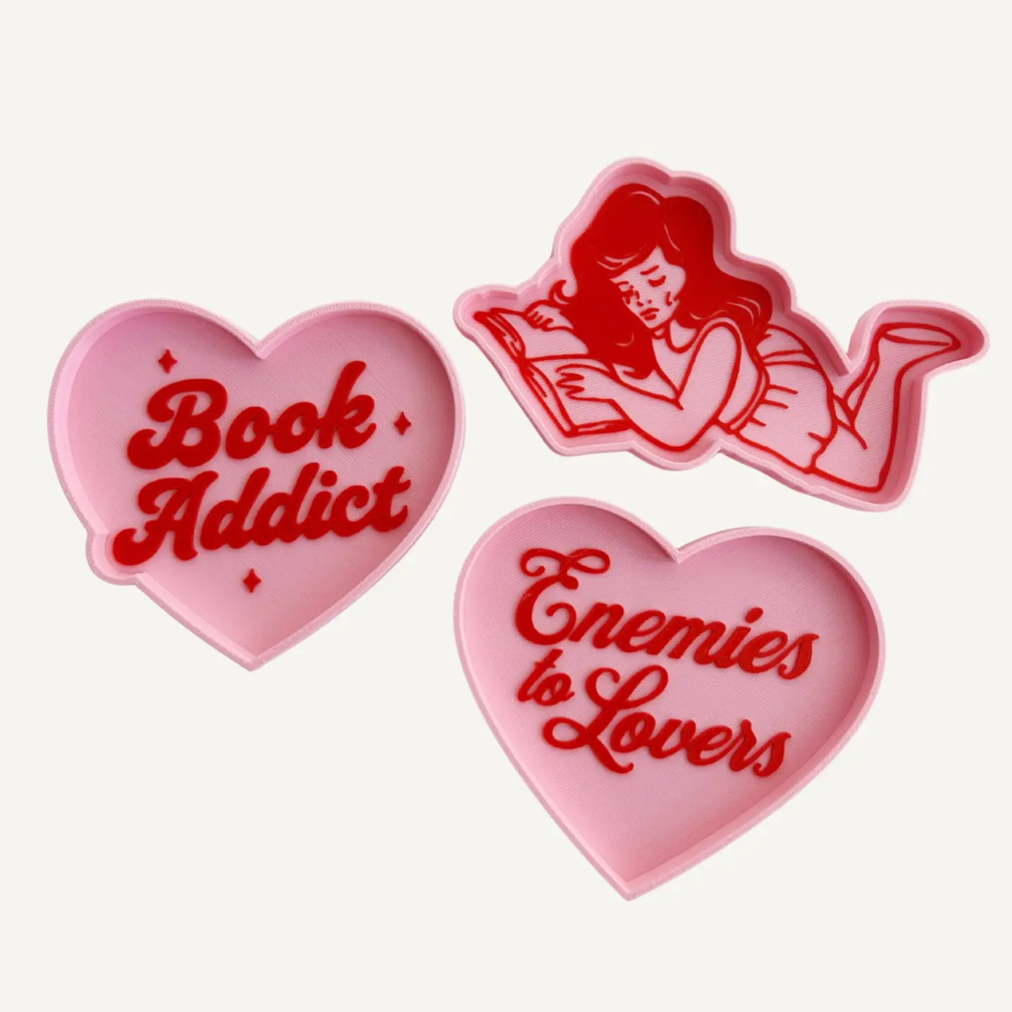 Book Lover 3D Printed Jewelry Tray Heart Shaped Organizer with Book Addict Girl Reading & Enemies to Lovers Designs for Watches and Rings in Vibrant Pink and Red Decorative Boxes