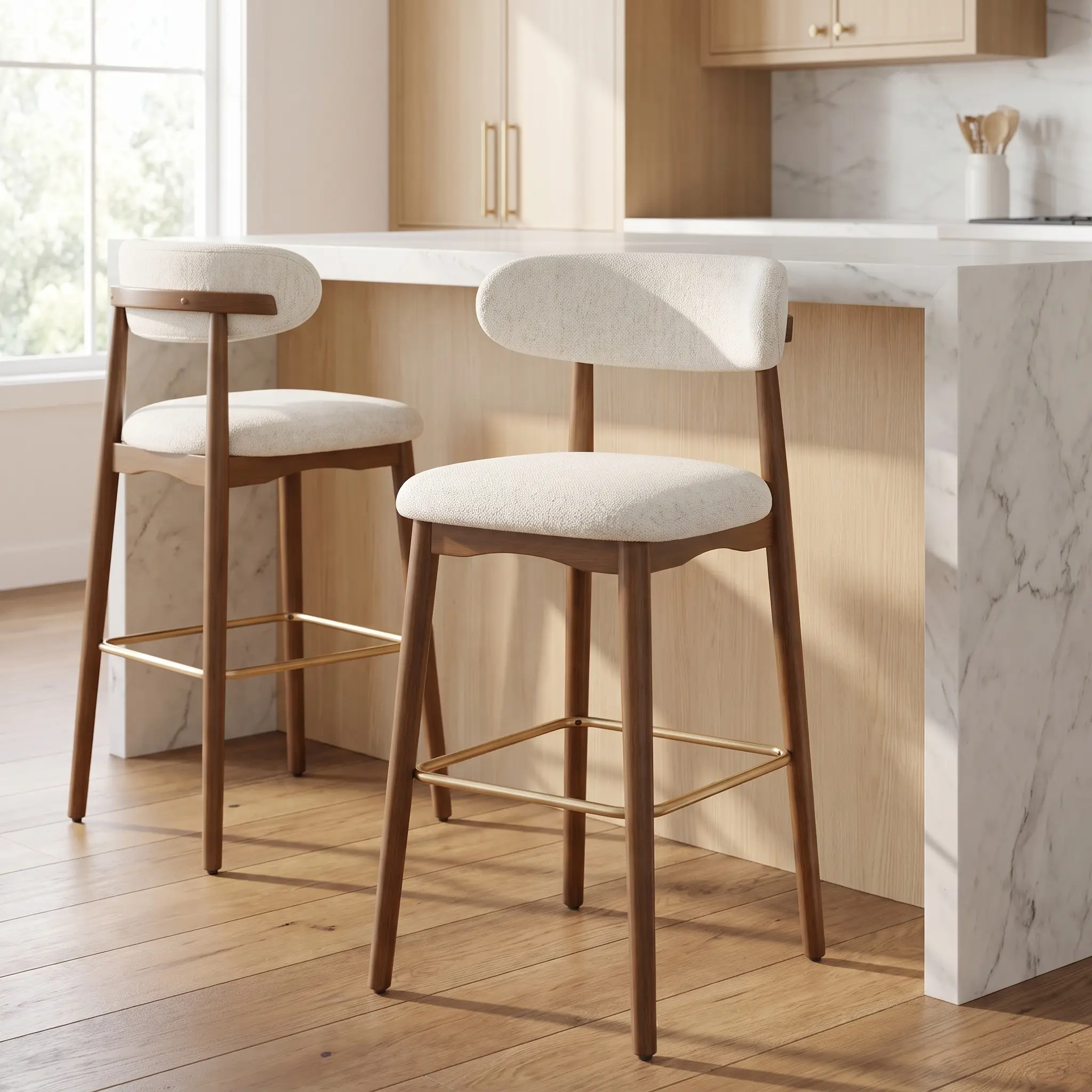 Modern Bar Stools (Set of 2, 3 or 4) - Bar & Counter Height Kitchen Island Counter Stools - Upholstered Fabric Padded Seat with Backrest, Solid Wood Legs - White Gray Blue Green
