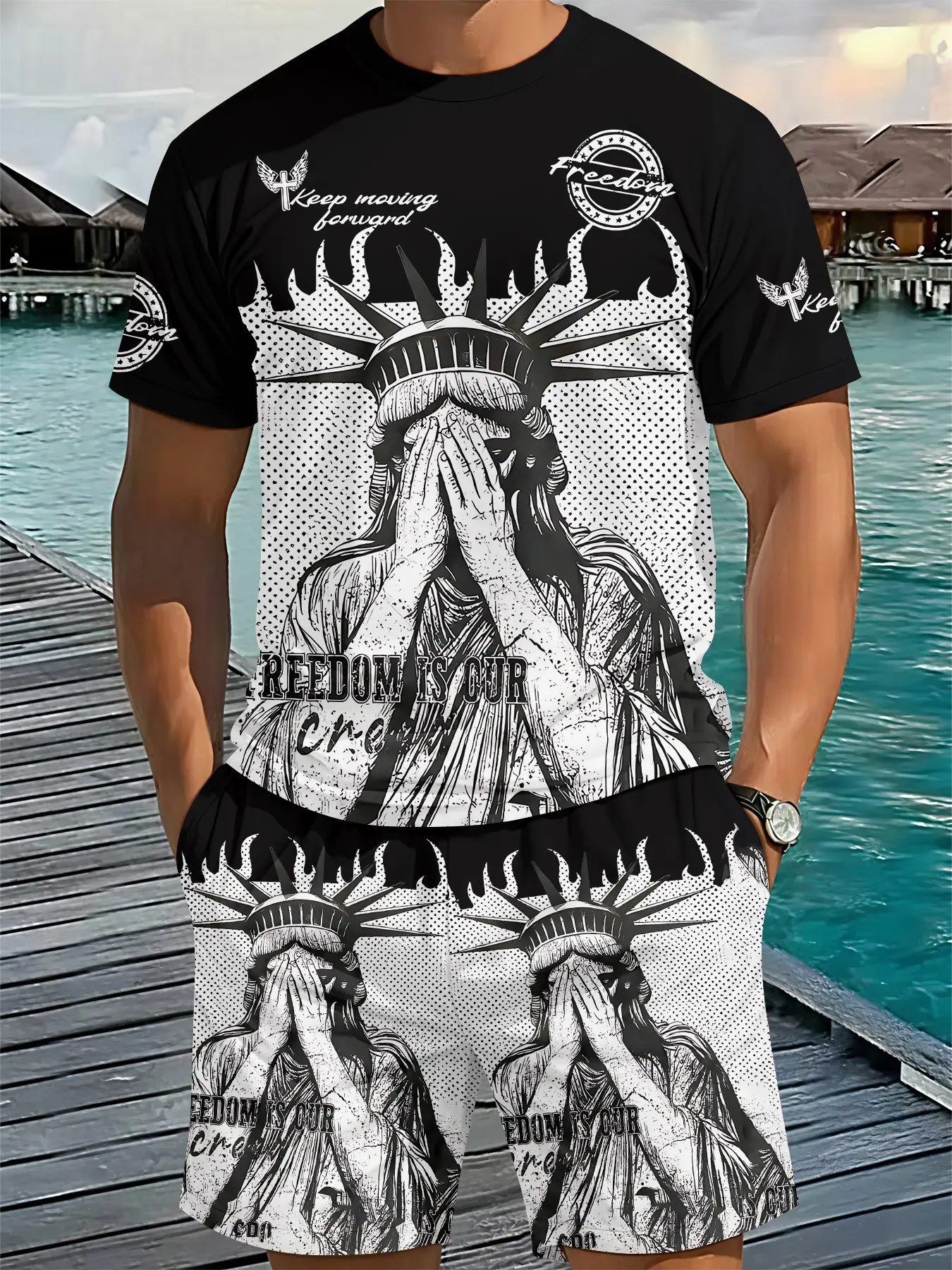 Trendy and cool artistic men's 3D digital printed two-piece set, 2Pcs, trendy and fashionable set, trendy retro casual two-piece set, vacation-style Tropical trendy outfit, breathable sporty casual Stylish, a perfect holiday gift for men