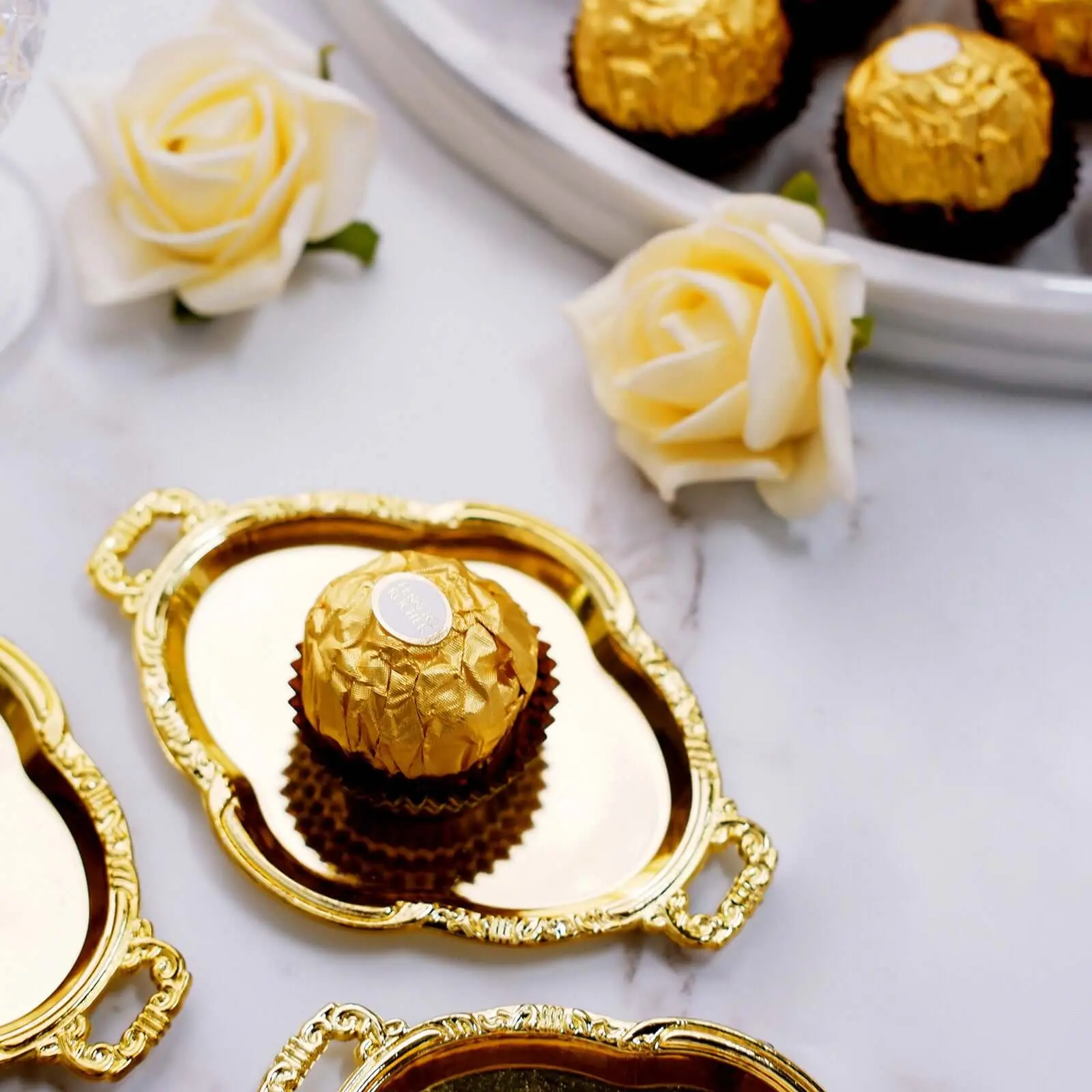 12-Pack Gold Baroque Oval Design Display Trays - 4.5" Mini Serving Plates for Sweets and Desserts