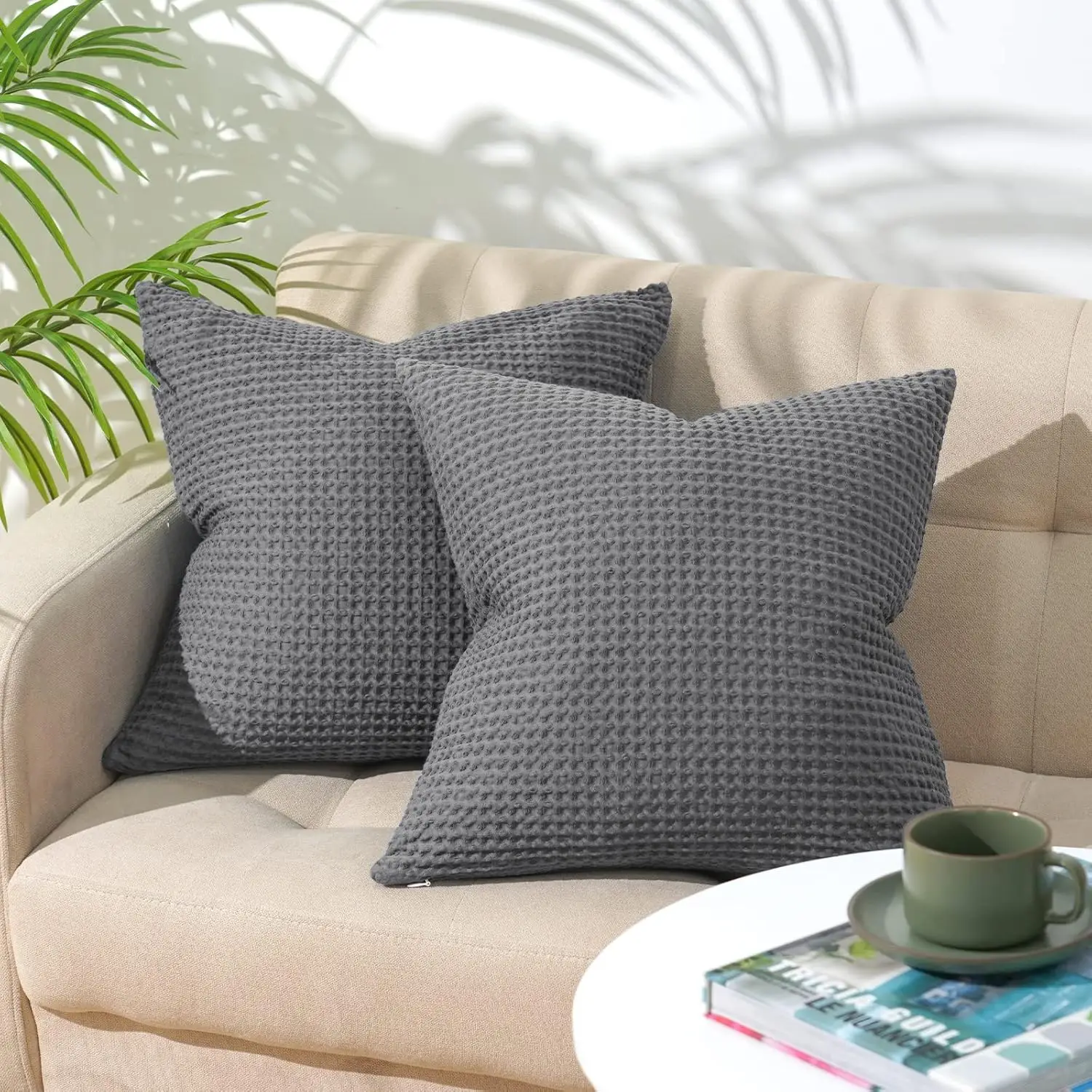 PHF 100% Cotton Waffle Pillowcases, 2 Pack Waffle Weave Euro Shams, Elegant Home Decorative Square Throw Pillow Covers for Bed Couch Sofa, No Insert