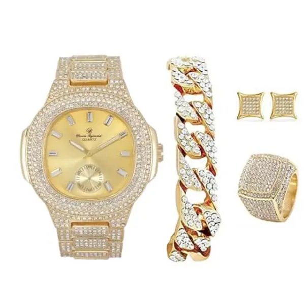 Charles Raymond Set Iced Out Diamond Watch Cuban Chain Bracelet Kite Earrings Ring Hip Hop Jewelry ST10235VO 4pcs Cuban Watch Gold