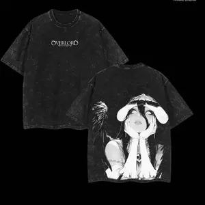 Men's Oversized Round Neck Albedo Overlord Cartoon T-Shirt - Menswear Streetwear Short-Sleeve Double-Printed Vintage Washed Heavyweight Cotton Unisex Everyday Top, Father's Day Gift IKD